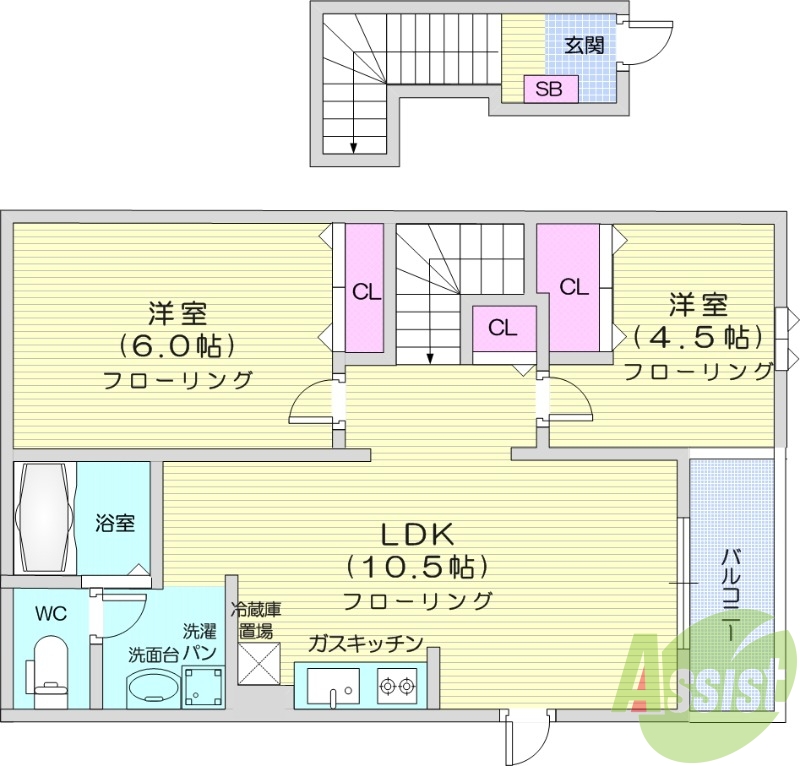 ２LDK、バストイレ別、バルコニー、追い焚き機能