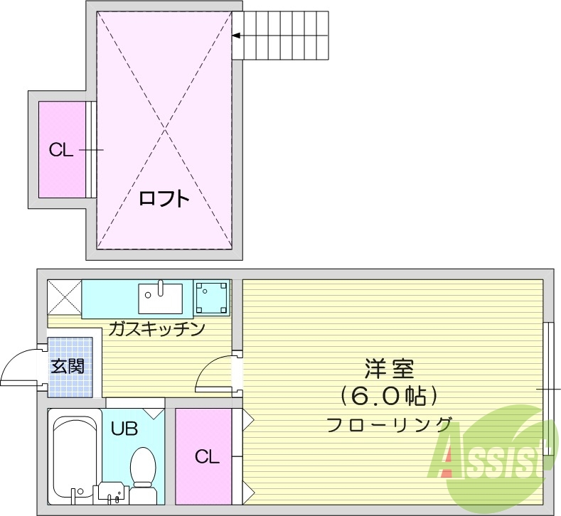 １K、ロフト、フローリング、エアコン、クローゼット
