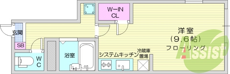 １K、ウォークインクローゼット、システムキッチン