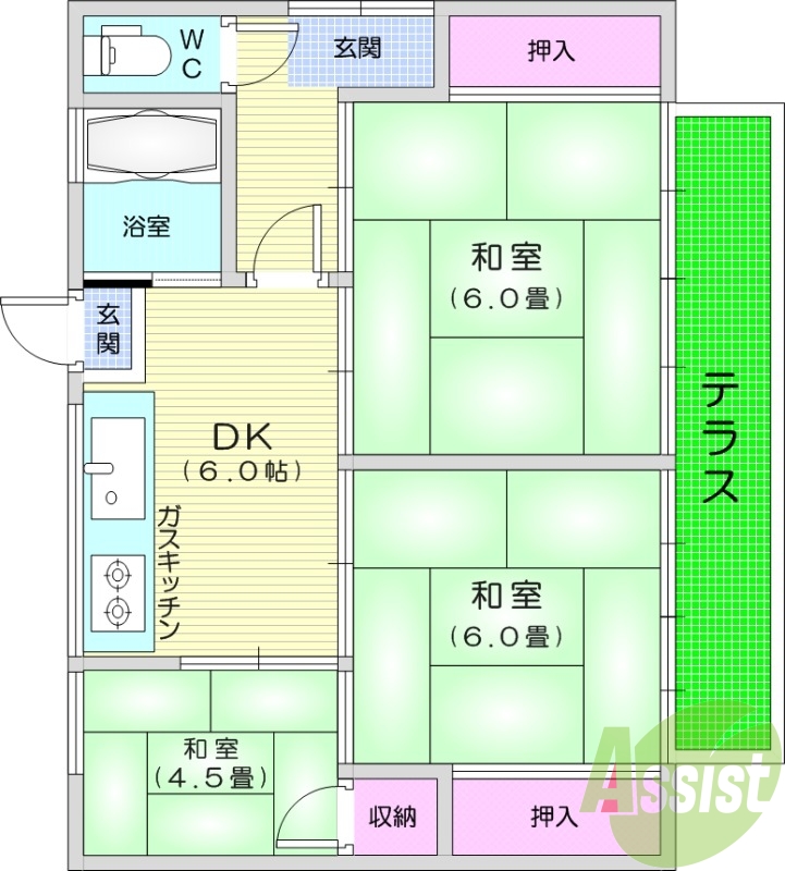 3DK、ペット相談可、事務所利用可、追い焚き。