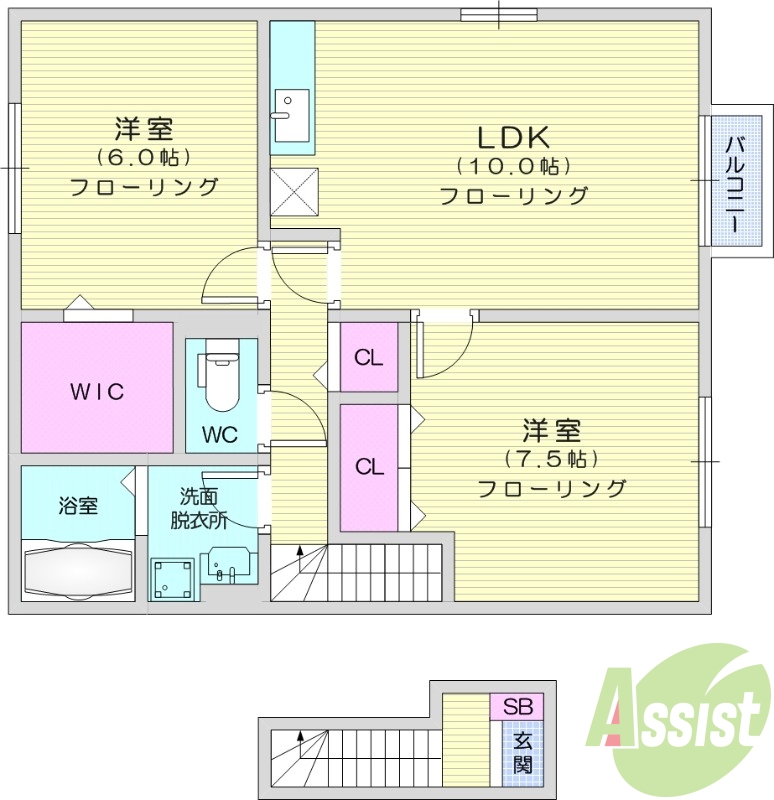 2LDK、フローリング、ウォークインクローゼット、独立洗面台