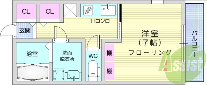 1K、追い焚き機能付き浴室、独立洗面化粧台有り。