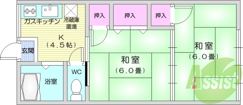2K、台原徒歩圏内、都市ガス仕様、バストイレ別
