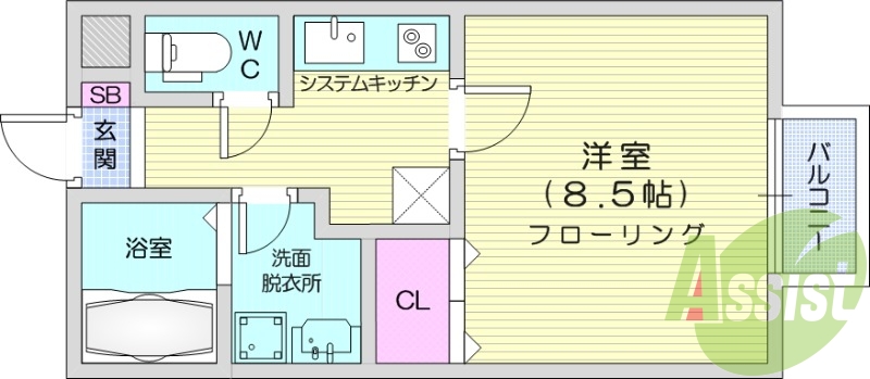 1K、南向き開口部、追い焚き機能付き浴室、独立洗面化粧台有り