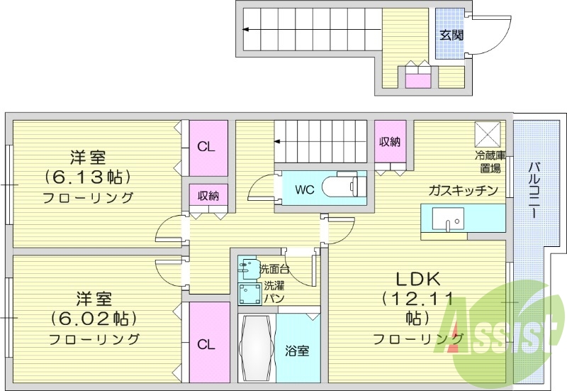 2LDK、バストイレ別、陽当たり良好、室内洗濯置場