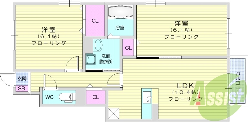 2LDK、給湯、バルコニー、エアコン、フローリング