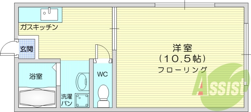 1K、角部屋、都市ガス、ネット無料、エアコン。