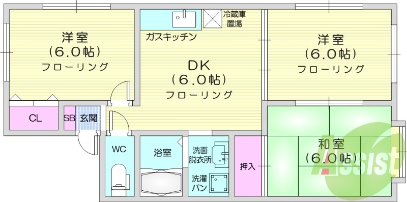 3DK、温水洗浄便座、バストイレ別、エアコン。