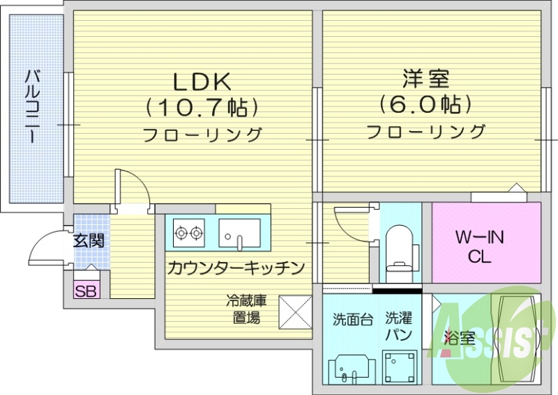 1LDK、BT別、ウォークインクローゼット、温水洗浄便座