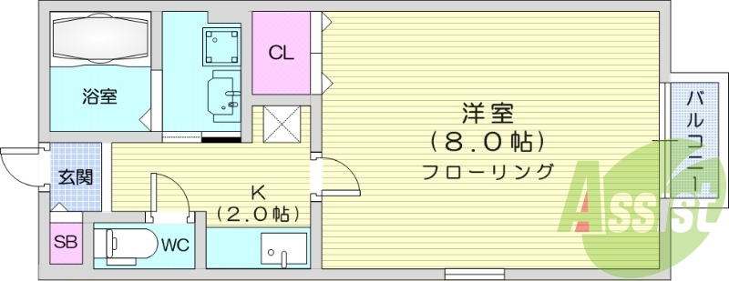 １K、フローリング、エアコン、クローゼット