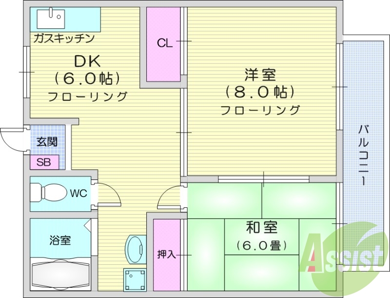 2DK都市ガスのお部屋、独立洗面台付き、エアコン付き。