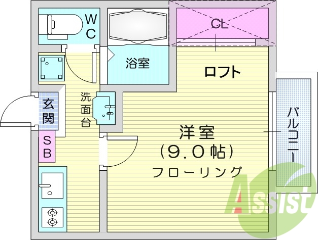 1K、エアコン、室内洗濯機置場、トイレ浴室別、クローゼット