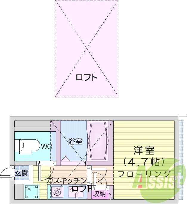 1K、ロフト付、家電付き、バストイレ別、Wi-Fi完備