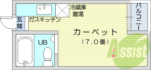 カーペット7帖、バストイレ同室、エレベーター