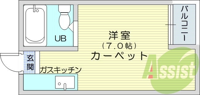 カーペット7帖、バストイレ同室、エレベーター