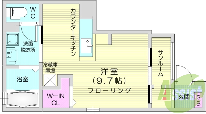 1R、エアコン、システムキッチン、独立洗面台