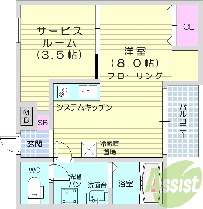 1SK、南向き開口部、浴室乾燥機付き、システムキッチン付き