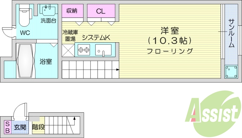 1K、システムキッチン、バストイレ別、室内洗濯機おきば