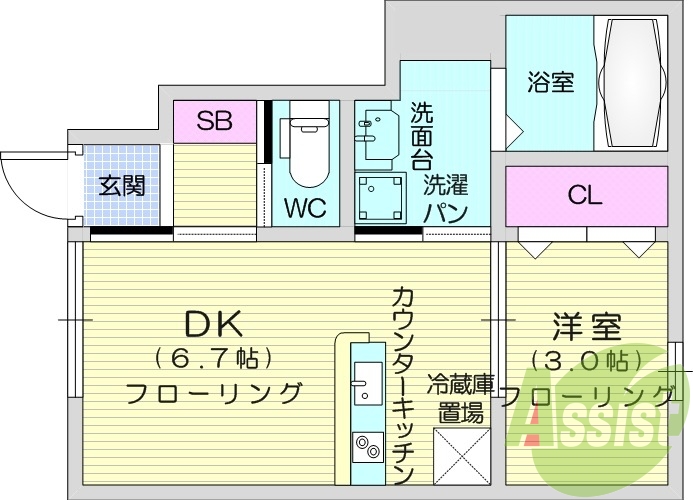 1DK、システムキッチン、浴室乾燥機付き