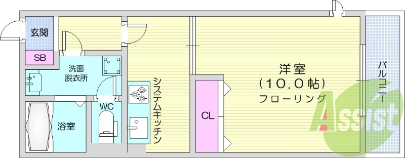１K、バストイレ別、クローゼット、バルコニー