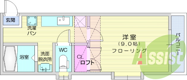 1K、ロフト、バルコニー、バス・トイレ別、シューズボックス