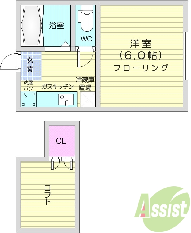 1K、フローリング、バストイレ別、ロフト、東向き