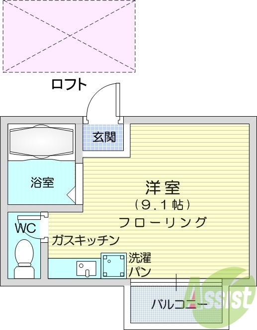 1R、ロフト、バストイレ別、バルコニー、