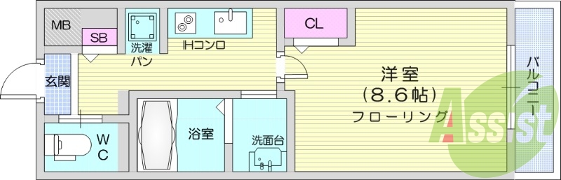 1K、独立洗面台、温水洗浄便座、IHコンロ