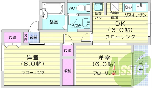 ２DK、南向き、陽当たり良好、洋室6帖。
