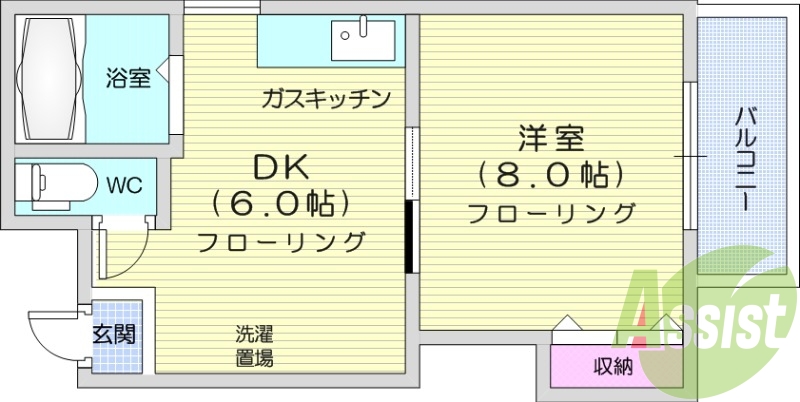 1DK、エアコン、バルコニー、角部屋、給湯。