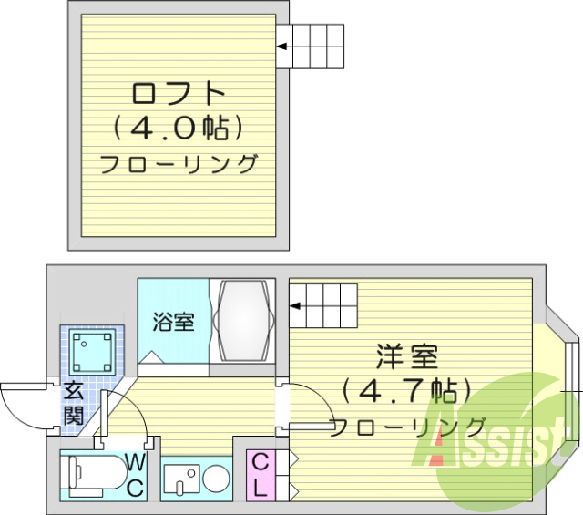 1K、ロフト付き、バス・トイレ別、モニター付きインターホン