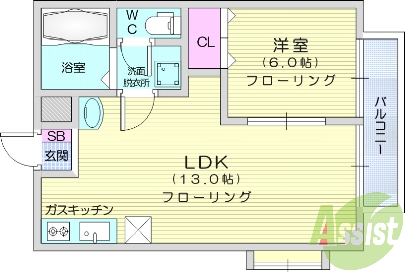 1LDK、エアコン、フローリング、バルコニー