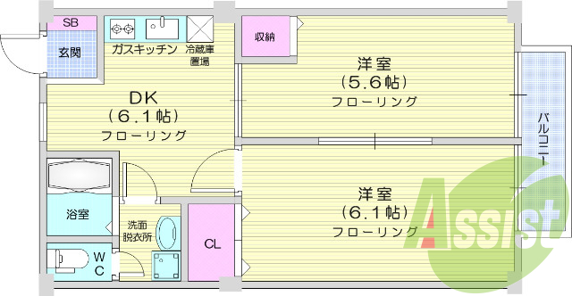 2DK、エアコン、温水洗浄便座、洗面所独立、クロゼット