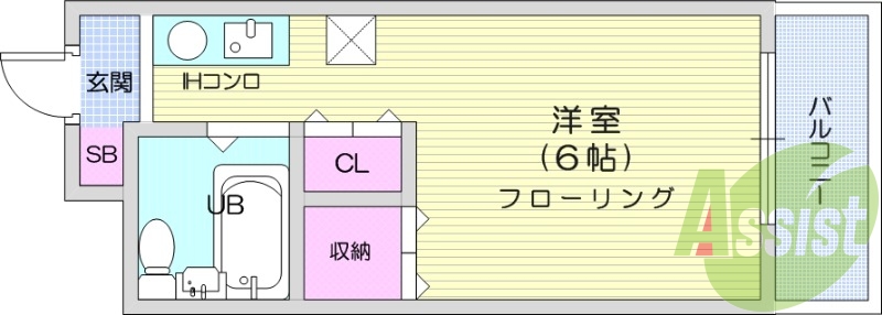 1R、都市ガス、エアコン、バルコニー、フローリング。
