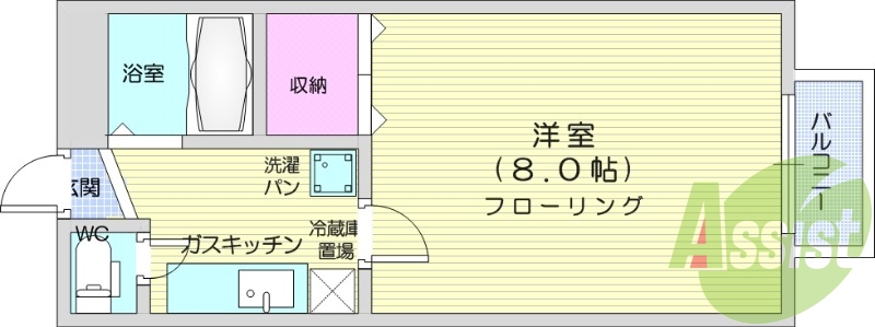 1K、独立洗面台、都市ガス、エアコン、バストイレ別