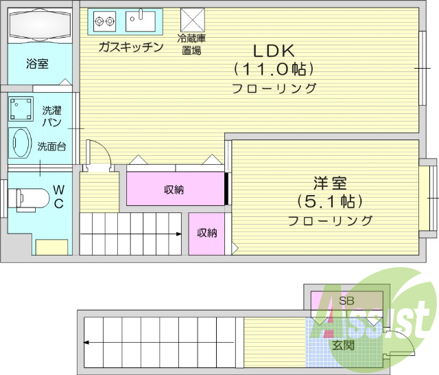 ２LDK、追い焚き、浴室乾燥機、床下収納、バストイレ別