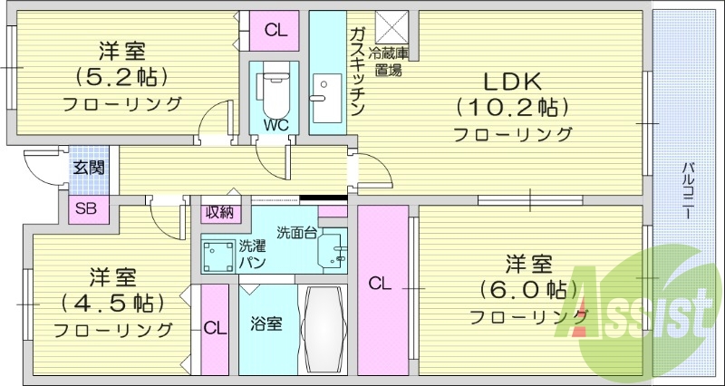 3LDK、室内洗濯機置き場、音声インターホン
