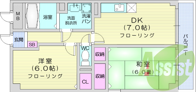 2DK、角部屋、バストイレ別、敷地内駐車場、駅徒歩圏内