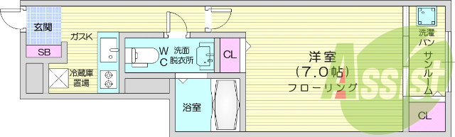 1K、システムキッチン、洗髪洗面洗面台