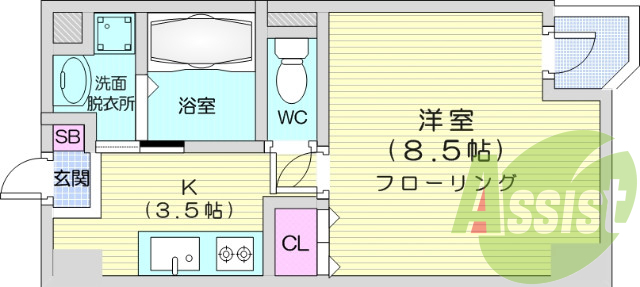 1K、都市ガス、光ファイバー、バストイレ別