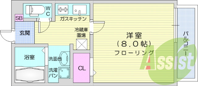 1K・エアコン、角部屋、給湯、バス・トイレ別・居室照明