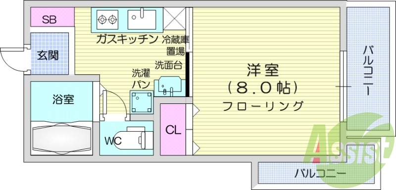 1K、独立洗面台、バストイレ別、バルコニー