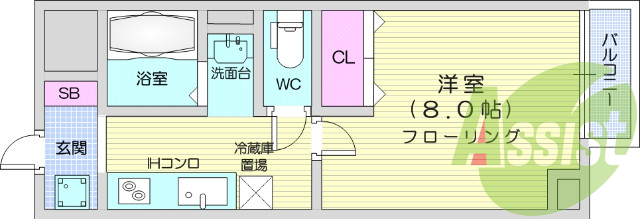 1K、バストイレ別、IH、室内洗濯機置場、バルコニー