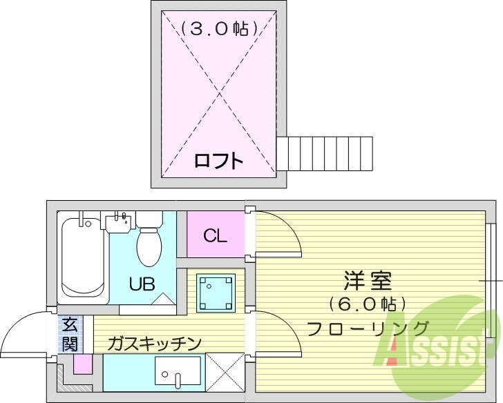 1K、エアコン、光ファイバー、室内洗濯機置場、ロフト、収納
