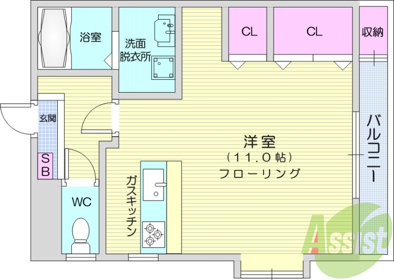 １R、独立洗面台、カウンターキッチン、システムキッチン