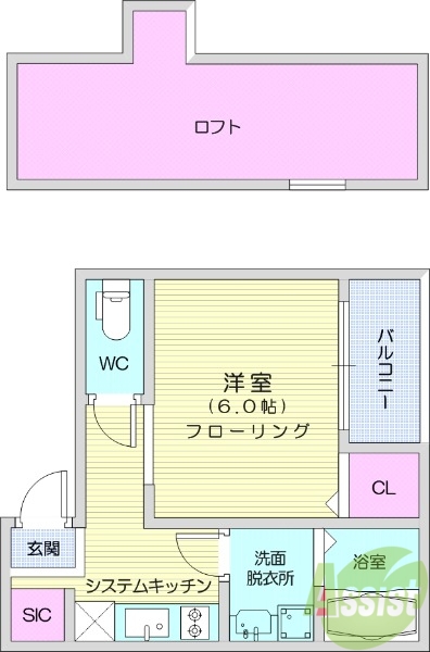 1K、ロフト、シーリングファン、エアコン。