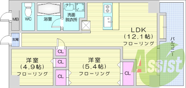 2LDK、システムキッチン、照明器具、カーテン