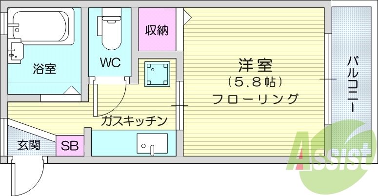 1K、バルコニー、エアコン、温水洗浄便座、バストイレ別