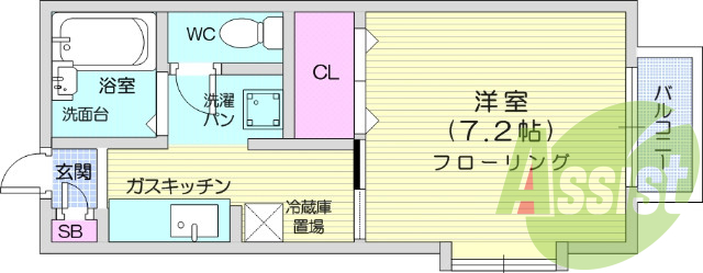 1K、角部屋、バストイレ別、エアコン、バルコニー