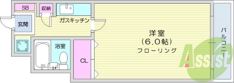 1K、エアコン、バストイレ同室、クローゼット